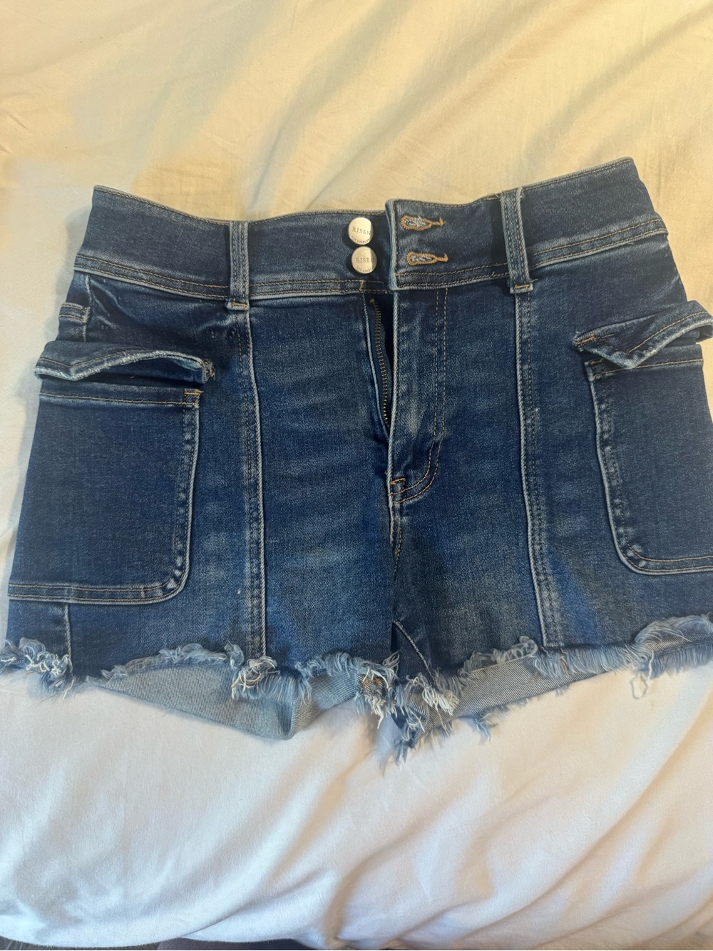 High-Rise Dark Blue Denim Cargo Pocket Frayed-Hem Women's Shorts